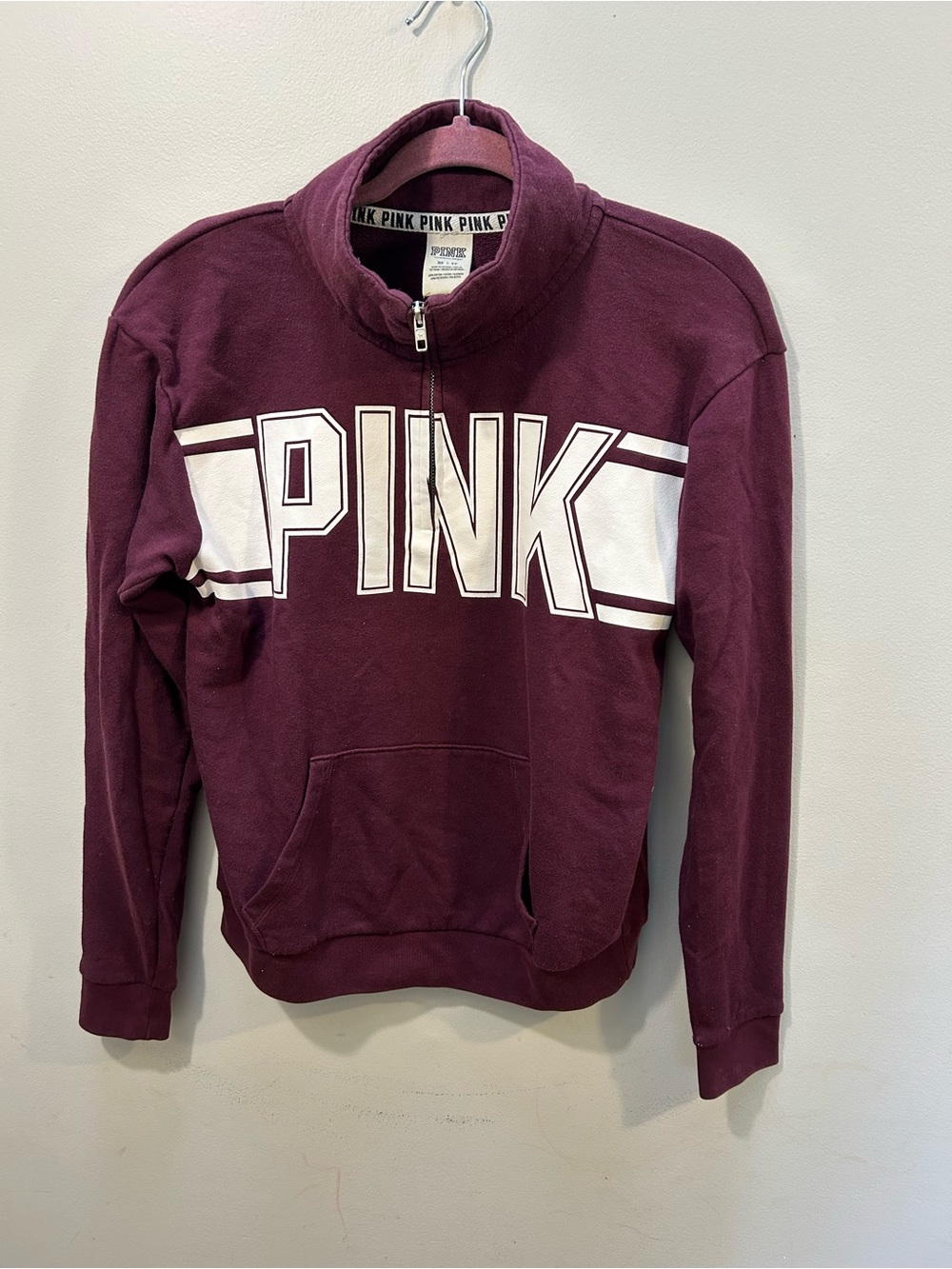 PINK Quarter zip Pullover Sweatshirt in Burgundy with White Logo XS
